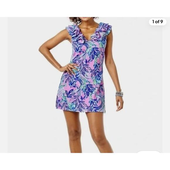 Lilly Pulitzer Linwood Ruffle Romper Pink Floral under short with over skirt 2 - Picture 9 of 9